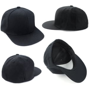 A black cap featuring a structured design and a flat brim, with interior detailing and a logo.