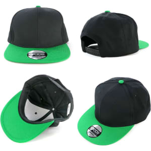 A black cap with a green peak and a branding logo. The cap is shown from multiple angles.
