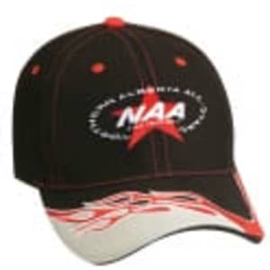 A black cap featuring red stitching and a logo. The design includes a white and red patterned brim.