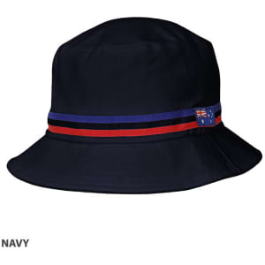 A navy bucket hat featuring a contrasting band and a logo. Suitable for casual outdoor wear.