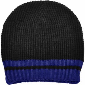 Acrylic knit beanie in black with a blue and black striped band. Features a logo on the side.