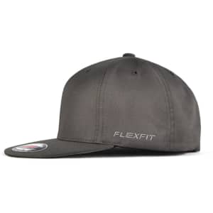 A grey FLEXFIT cap with a flat brim and subtle branding on the side.