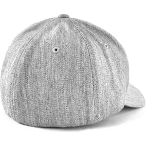 A grey cap with a textured fabric and a curved brim, featuring a logo on the back.