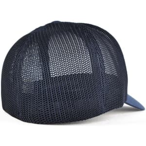 A navy blue trucker cap featuring a mesh back and a solid front panel with a logo.