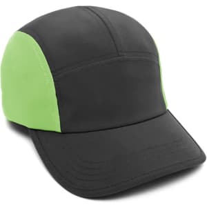 A black and bright green 6-panel cap with a structured design and a logo on the front.