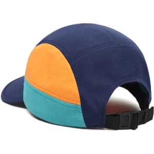 A multicoloured 8-panel cap in navy, orange, and teal with an adjustable strap at the back.