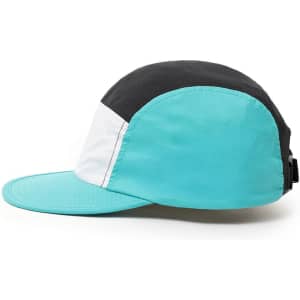 A 6-panel cap featuring black, white, and aqua panels with an adjustable strap and a logo.