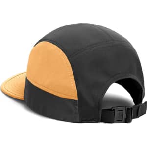 A black and orange 8-panel cap with a curved brim and adjustable strap at the back, featuring a logo.