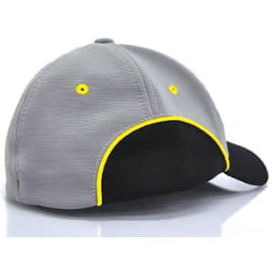 A grey cap with a black brim and yellow accents. The cap features a logo on the side.
