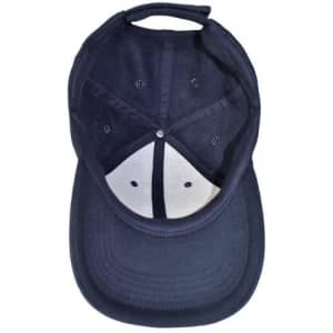 A navy blue cap featuring a structured design and a button at the top, with an inner lining visible.