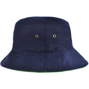 A reversible bucket hat in navy blue with green lining and metal eyelets for ventilation. It features a logo.