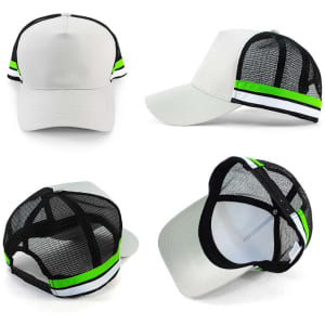 A five-panel trucker cap in grey and black with mesh sides, featuring a green stripe and a branded logo.