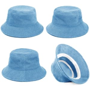 A blue Terry Towelling bucket hat featuring a soft texture and a white interior band, with multiple angles shown.