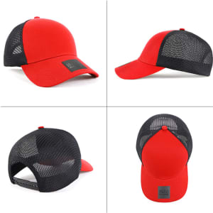 A red cap with a mesh back, featuring a logo on the front, displayed from multiple angles.