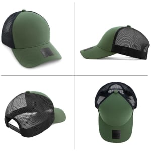 A green trucker cap featuring a solid front and mesh back, with a logo on the front panel.