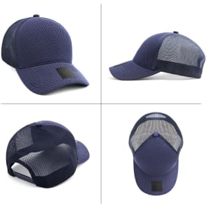A navy nylon and mesh cap featuring a logo, with panels for breathability and an adjustable strap.