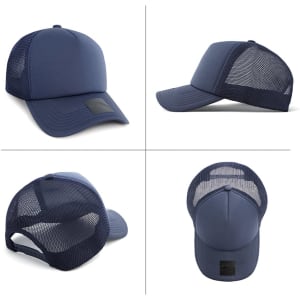 A navy polyester/mesh trucker cap featuring a structured front and mesh back, with a subtle logo.