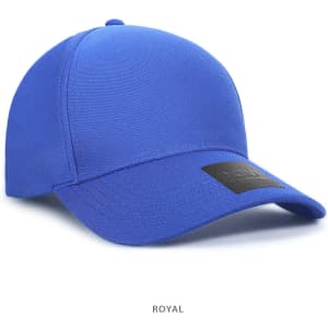 A royal blue cap made of 100% polyester with a logo on the front.