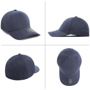 A navy cotton/spandex cap with a structured design and a logo on the side, viewed from multiple angles.