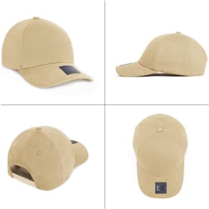 A tan Cotton/Spandex cap features a curved brim and has a logo on the back. Multiple angles are displayed.