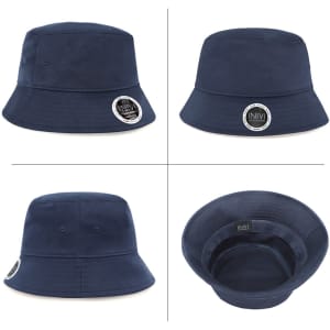 A navy bucket hat with a branded logo, featuring various angles including the interior view.