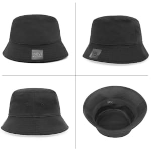 A black bucket hat made of cotton and spandex, featuring a logo on the front and an open interior.
