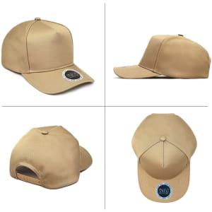 A tan polycotton cap featuring a circular logo, shown from multiple angles including the front, side, and back.