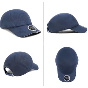 A blue cap made from 100% polyester, featuring a circular logo on the front and various angles displayed.