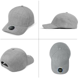 A grey cap with a smooth texture, featuring a logo on the front and a snapback closure at the back.