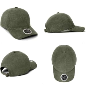 An olive green unstructured cap featuring a round logo, displayed from multiple angles.