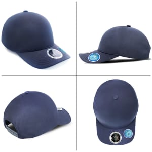 A navy blue cap made from 100% polyester with a logo on the side and back. Features a structured design.