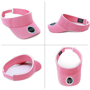 A pink visor featuring a removable sweatband and a logo, shown from multiple angles.