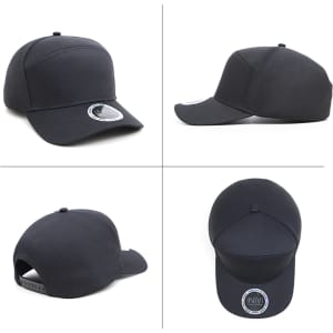 A black polycotton cap featuring a structured three-panel design and a branding logo on the front.