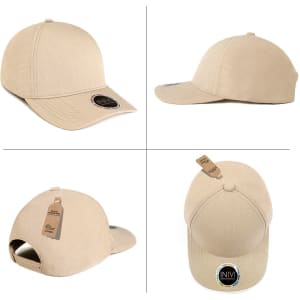 A light beige cap with a curved brim, featuring a logo and a hang tag, shown from multiple angles.