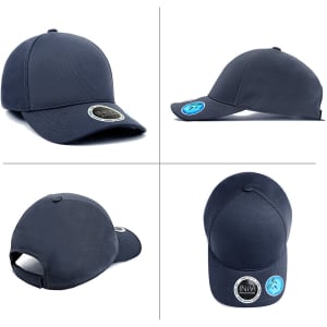 A navy blue bamboo cap featuring a front panel, curved brim, and rear strap, with a logo on the side.