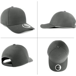 A grey cap displayed from multiple angles, featuring a logo on the side and a snapback closure at the rear.