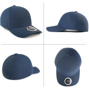 A navy blue cap with a rounded crown, logo badge, and curved brim, shown from multiple angles.