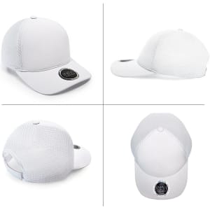 A white cap made of polyester and mesh, featuring a circular logo on the front. Multiple angles displayed.