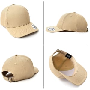 A beige cap featuring a logo and a strap at the back, displayed from multiple angles.