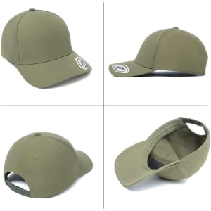 A khaki cap featuring a structured design, showcasing various angles including the front, side, and inside view, with a logo.