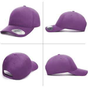 A purple seam-free cap featuring a curved peak and an adjustable strap at the back. It has a logo on it.