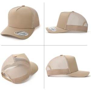 A beige A-Frame seamless mesh cap with a curved brim and a branded logo on the front.