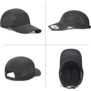A black performance cap displayed from multiple angles, featuring a sleek design and a logo.
