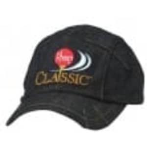 A black cap featuring a logo and embroidered text, designed as a promotional headwear item.