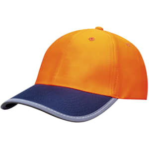 A cap featuring a bright orange upper section with a navy blue peak and reflective trim. It has a logo on the side.