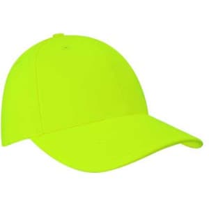 A bright yellow cap with a curved brim and a logo on the front, designed for visibility and safety.