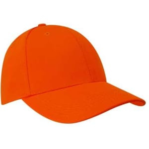 An orange cap with a curved brim and a button on top, featuring a logo on the front.