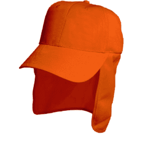 An orange safety cap with a flap at the back and a curved brim. It features a logo on the front.