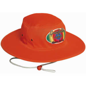 An orange luminescent safety hat with a wide brim and a chin strap, featuring a logo on the front.