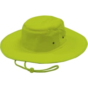 A luminescent yellow safety hat with a wide brim and adjustable chin strap, featuring ventilation eyelets.